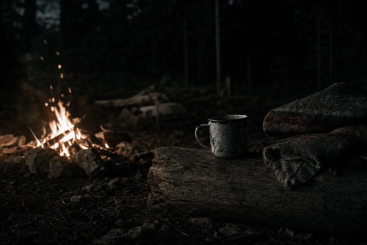 A low campfire burning at night in a dark pine forest with an enamel camp mug beside it