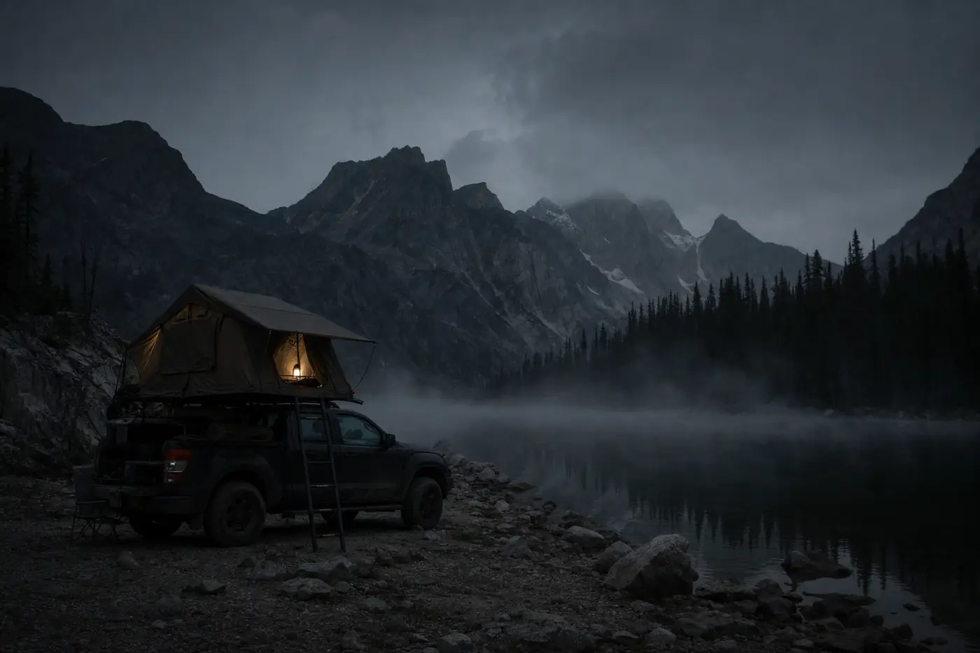 An overland pickup truck with an open rooftop tent camped beside a misty alpine lake at dusk